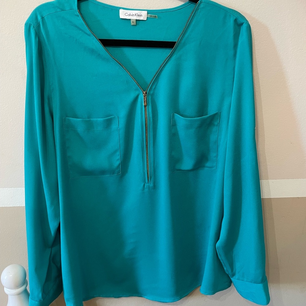 Calvin Klein Teal Zip-Front Long Sleeve Blouse